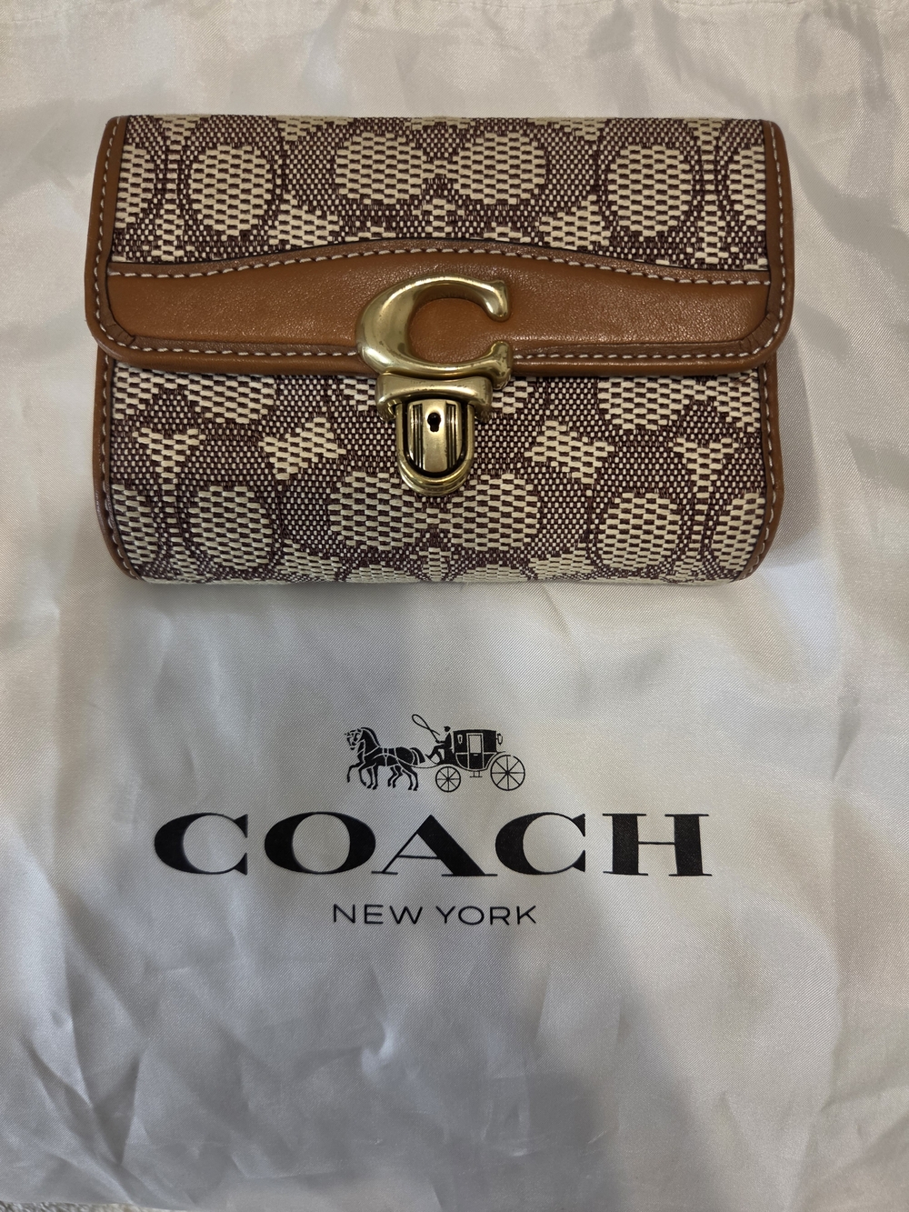 Coach Signature Canvas Wallet with Tan Leather Trim and Gold Hardware